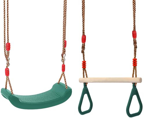 REDCAMP Schaukelgarnitur, Kinderschaukel Outdoor Indoor und Trapeze Schaukel mit Gymnastics Rings, Wetterfester Garten Schaukelsitz mit höhenverstellbarem Schaukelseil, Grün