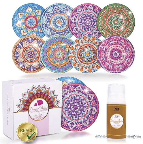 MJ Company® Diamond Painting Untersetzer 8Stk. mit Versiegler für mehr Schutz - Diamond Painting Mandala Bastelset mit Box - DIY Set für Erwachsene