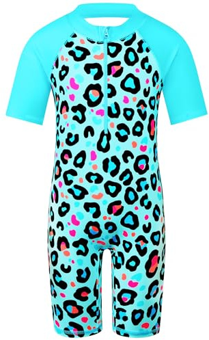 HUAANIUE Filles Maillot de Bain 1 Pièce 2-12 Ans, Anti-UV UPF 50+ Manches Courtes, Fermeture Éclair Frontale, Imprimés Colorés, Idéal pour Plage et Piscine (S406-Léopard Bleu, 8-10 Ans)