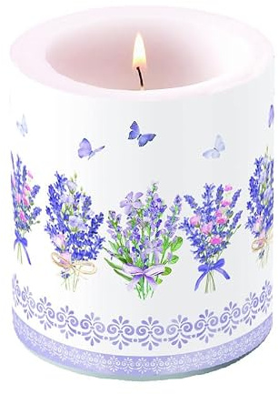 Ambiente Kerze Stumpenkerze Wachswindlicht 10 cm hoch Paraffinwachs 45h Brenndauer Tischdekoration Lavendel Garten Landhaus in pastell Farben Serie lovely lavender