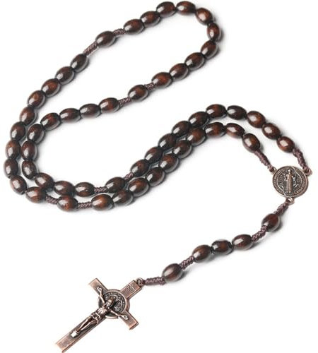 GVEYIQK Holz Rosenkranz Halsketten, Katholisches Kreuz Rosenkranz Halskette, Naturholz Gebetskette Halskette, mit Medaille Kreuz Jesus Christus Heiliger Benedikt, für Kommunion Taufe