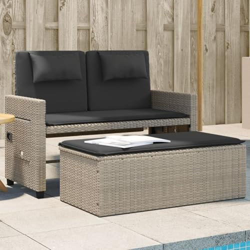 IKAYAA Gartensofa 2 sitzer Ausziehbar Gartensofa mit liegefunktion Rattansofa Balkonsofa Outdoor Sofa Terrassensofa Balkonmöbel Gartengarnitur-Hellgrau-