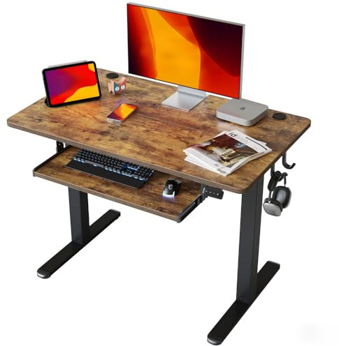 FEZIBO Height Adjustable Electric Standing Desk with Keyboard Tray, 100 x 60 cm Sit Stand up Desk with Splice Board, Black Frame/Vintage Brown Top