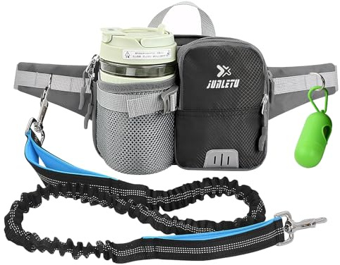 Hands Free Dog Walking Belt with Adjustable Running Leash – Reflective Waist Bag for Jogging, Hiking (120-175cm Bungee Lead, Zipper Pouch, Poop Bag Dispenser)