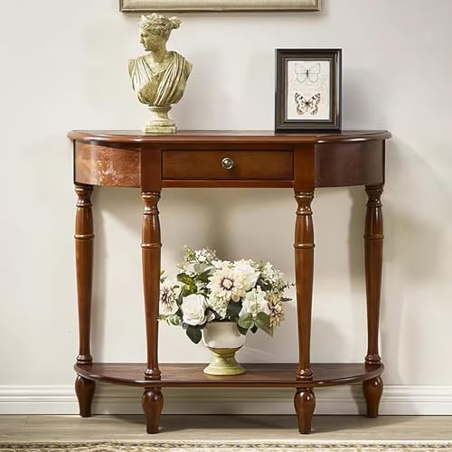 Consolle a mezzaluna con cassetto, tavolo da ingresso in legno massello, credenza vittoriana a semicerchio per soggiorno, foyer, veranda (80 cm di larghezza x 30 cm di profondità x 80 cm di altezza, n
