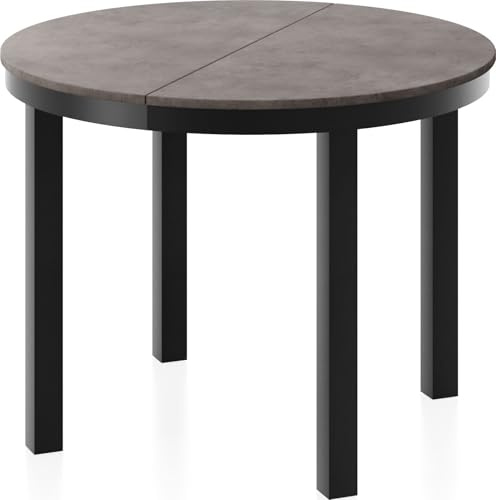 WFL GROUP Tavolo da Pranzo Rotondo Allungabile Cemento Scuro Effetto Cemento – Tavolo Cucina Moderno con Struttura Metallica Nera per 6-8 Persone – 100-180 cm