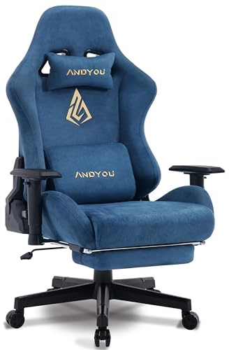 Andyou Gaming Stuhl, Luxuriöser Wildlederimitat Gaming Chair Ergonomischer Bürostuhl, Atmungsaktiver Schreibtischstuhl PC Stuhl mit Fußstütze, Kopfkissen und Armlehnen, 200 kg, Blau