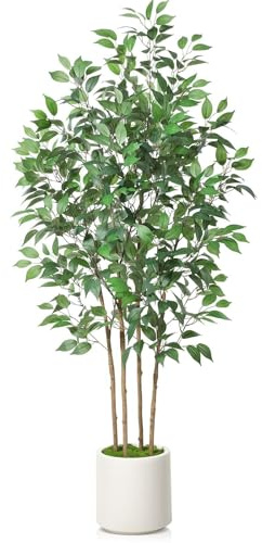 Kunstpflanzen 180cm Künstlicher Ficusbaum wie echt - Große Künstliche Pflanzen Grüner Kunstbaum im Weiß Topf für Wohnzimmer, Schlafzimmer, Büro, Garten