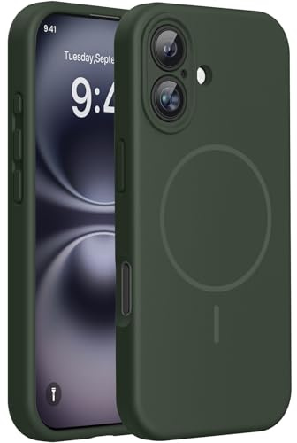 miracase Kompatibel mit iPhone 16 Hülle, [weiches kratzfestes Mikrofaser-Innenfutter], kompatibel mit MagSafe, Flüssig Silikon Hülle mit stoßfestem Fallschutz für iPhone 16, Dunkelgrün
