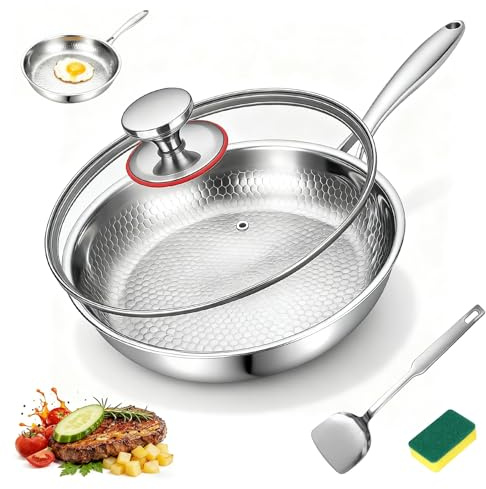 CISSIYOG Titan Bratpfanne, 26CM Pfannen aus Titan mit gehämmertem Muster | Pfanne Titan Unbeschichtet mit Scheuerschwamm, Deckel und Spatel zum Anbraten, Steak, Backen