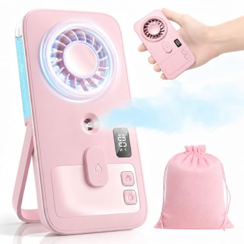 DVDVBOOM Foldable Mini Handheld Misting Fan, Portable Rechargeable Personal Cooling Fan with 4 Speeds & LED Display, Small Water Spray Mister for Travel, Women, Kids, Outdoor, Office (Pink)