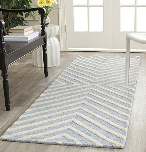 Safavieh Teppichläufer mit Diamanten, handgesteppt, Kollektion Cambrige, Hellblau/Weiß/Elfenbein, 76 x 183 cm, 100% Fleece-Wolle