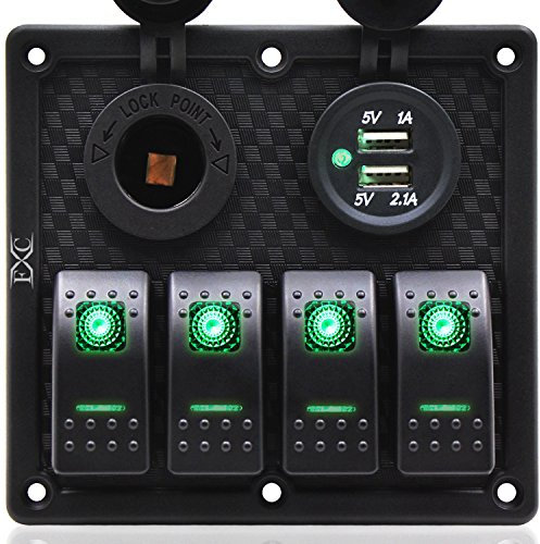 FXC Waterproof Marine Boat Rocker Switch Panel 4 Gang with Dual USB Slot Socket + Cigarette Lighter LED Light for Car Rv Vehicles Truck (4 Gang Green Light)