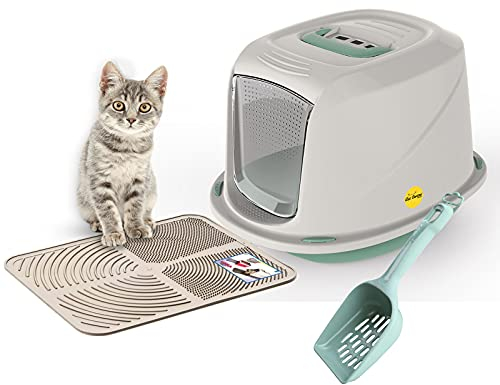 CAT CENTRE Medium Green Hooded Kitten Litter Tray +Waste Scoop +Tray Mat Set Carbon Filter Small Cat Toilet Pet Box Loo Pan Starter Pack Portable Swing Flap Door Carry Handle Galaxy Easy Cleaning