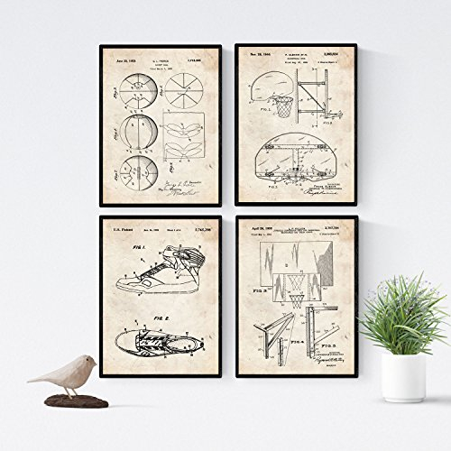Nacnic Basketball Patent Poster 4er-Set. Vintage Stil Wanddekoration Abbildung von Sports und Alte Erfindungen. Verschiedene atletische Fitness Bilder ohne Rahmen. Größe A4.