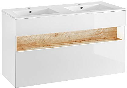 Lomadox Badezimmer Doppel Waschtisch Set Wotacneiche Hochglanz weiß mit Keramik Waschbecken mit 120cm Unterschrank, LED Beleuchtung