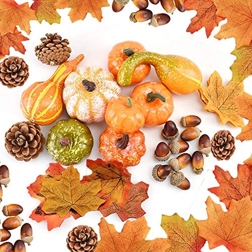 DOJoykey Juego de decoración de Acción de Gracias,128 Hojas de Arce Artificiales, Calabaza de Cosecha, bellotas pequeñas, Conos de Pino y Calabazas para otoño de Fiesta en el hogar