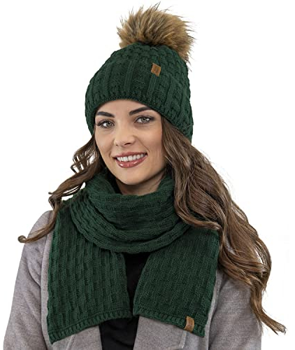 VIVISENCE Trendige Damen Winter Bommelmütze Mit Weichem Vlies-Innenfutter Aus Wärmendem Garn Antistatische Eigenschaften Perfekte Passform Für Kalte Wintertage Modisches Design, Grün,Einheitsgröße