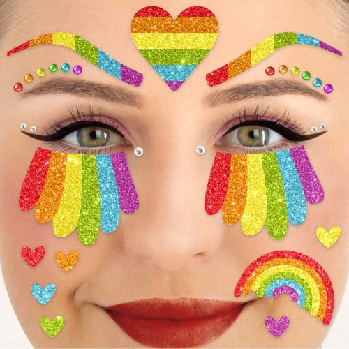 Party Factory Face Tattoo Regenbogen, temporäres Glitter Gesichtstattoo für Motto Party, Halloween & Karneval, Kinder & Erwachsene