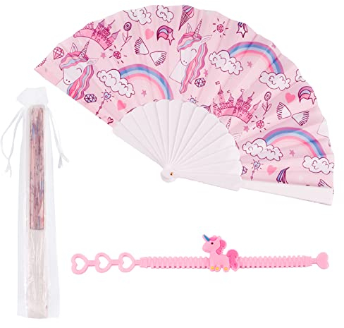 Bracelet Licorne Eventail Eté Plastique Mariage Pliant Eventail Licorne Main Japonais Fan Ventilateur avec Sac Organza Cadeaux Invités Décoration Fête Hawaïenne Aloha Plage