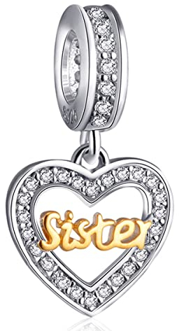 Schwester Herz Anhänger Charms, Fit Pandora Familie Armband/Halskette, 925 Sterling Silber Dangle 2 Tone Gold Sister CZ Bead, Geschenk für Big/Lil Sis/Weihnachten/Geburtstag