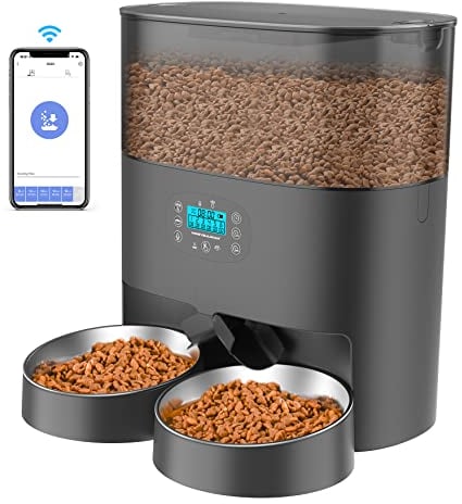 honeyguaridan Futterautomat 2 Katzen mit APP, 6L WiFi Katzenfutter Automat mit 2 näpfe, Zeitgesteuerte, 10s Sprachaufzeichnung, bis zu 6 Mahlzeiten am Tag - für Katze & Hunde (schwarz)