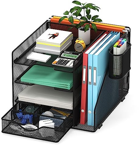 BOHDK Schreibtisch-Organizer mit Hängeregisterhalter, Papier-Briefablage-Organizer mit Schublade und Stifthalter, Netz-Desktop-Organizer und Aufbewahrung