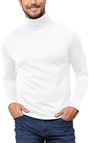 Hoefirm Men's Polar Neck Pullover Basic Warm Tops Turtleneck Knit Jumper Slim Fit Sweater Funnel Cotton Wool White L