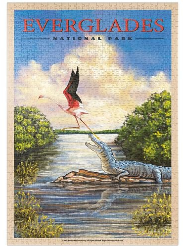 MyPuzzle Everglades National Park - Flamingo vs. Alligator, Vintage Travel Poster - Premium 1000 Teile Puzzle - MyPuzzle Sonderkollektion von Havana Puzzle Company