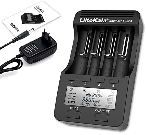 RevolutionLine - Kit Cargador de Batería Inteligente de 4 Ranuras | Pantalla LCD para Baterías Recargables de Iones de Litio de 3,7 V y Ni-MH de 1,2 V