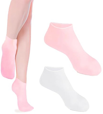 Zxfuture 2 Pairs Silicone Socks for Women - Soft Gel Aloe Moisturizing Socks for Women's Spa Pedicure, Repairing Dry Feet, Cracked Heels and Softening Rough Skin - Pink & White