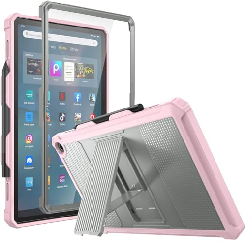 MoKo Funda para Amazon Fire MAX 11 Tablet (13ª Generación, 2023 Versión) 11 - [Resistente] Carcasa de Cuerpo Completo para Kindle Fire 11 Tablet con Protector de Pantalla Integrado, Gris & Rosa
