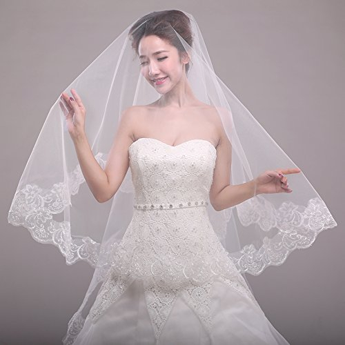 auwiyd Hochzeit Brautschleier 1,5 Meter Elfenbein Spitze Lange Kathedrale Schleier für Frauen Mädchen Hochzeit Zubehör Spitzenschleier ohne Kamm ohne Clip für Hochzeit Junggesellinnenabschied,