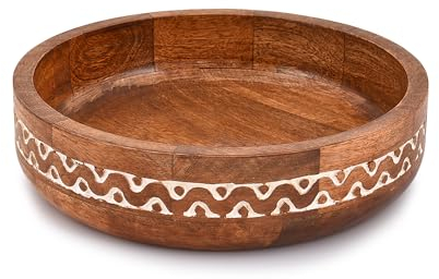Samhita Mango Wood Round White Decorative Bowls for Rustic Home Decor Table Centerpieces Home Party Wedding Décor (25.4cm x 25.4cm x 6.35cm)