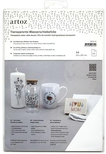 Artoz Transparente Wasserschiebefolie - DIN A4-10 Bogen - für Laserdrucker - Anwendung auf Keramik, Glas, Holz, Metall, Kunststoff, Kerzen, Seife und mehr