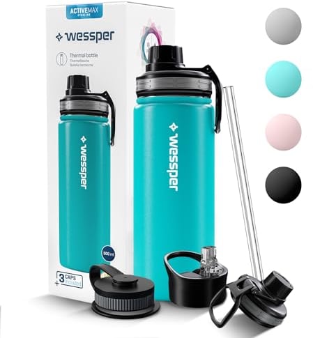 Wessper Stainless Steel Drinking Bottle 500 ml Leak-Proof Thermos Flask BPA-Free with 3 Lids Blue Elegant Sports Water Bottle Insulated Flask Children Adults for Camping Bicycle Sports Outdoor