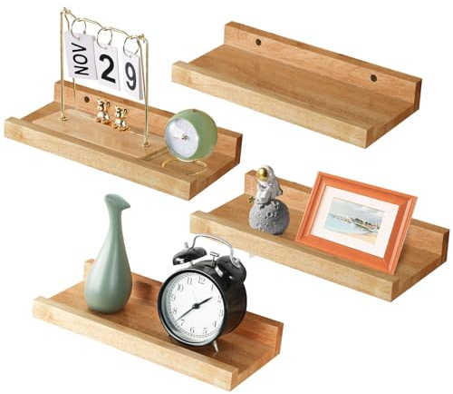 YheenLf Wandregal, 4er Set, 30 x 12 cm Schweberegal, Regalbrettmit für Fotorahmen und Dekos, für Wohnzimmer, Arbeitszimmer, Badezimmer, Küche, Holzfarbe