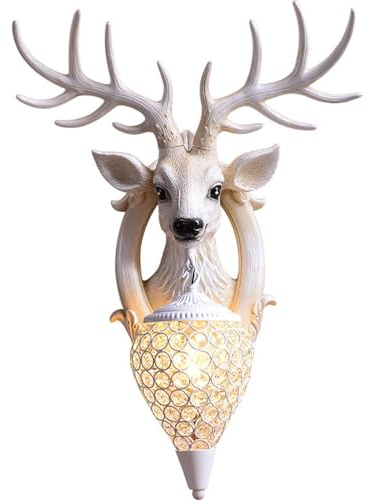LOGT Tier Wandleuchte Innen Modern Kreativ Hirschkopf Wandlampe Harz Wand Deko Lampe E27 Fassung Nachttischlampe Hirschkopf Wanddeko Lampe Wand Beleuchtung für Kinderzimmer Schlafzimmer Esszimmer,B