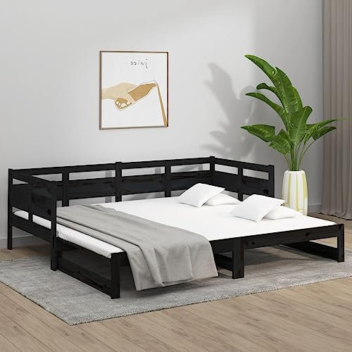 Canditree Schlafsofa, umwandelbar, 2-Sitzer, aus Holz, Bett mit Klappbett, ausziehbar, Schwarz