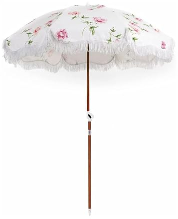 SYALEO 180 cm/5,9 Fuß Terrassenschirm mit Fransen, Boho-Strandschirm, Rosendruck, Massivholz-Quasten, Outdoor-Regenschirm, großer Sonnenschirm für Garten, Rasen, Hof
