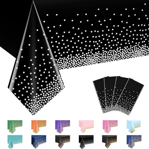 MORAINJAY 4 Stück Schwarz und Silberpulver Party Rechteckig Tischdecke, 137x274cm Dot Confetti Wasserdicht Fleckschutz Tischdecken für Geburtstagsfeier, Hochzeit, Weihnachten, Kindergeburtstag