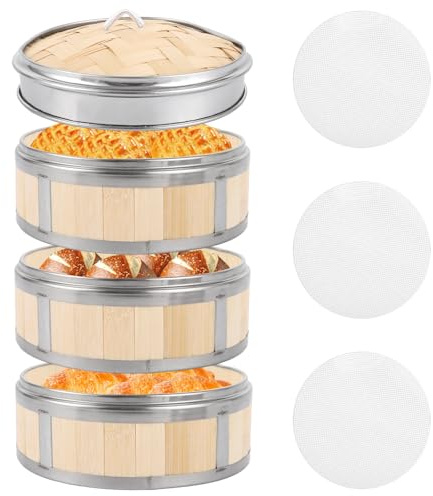 SHUESS Bambus Dampfgarer Topf 3-teilig mit Deckel Ø20cm – Dampfgargerät Bambus mit Silikonunterlagen – Stapelbarer Bambusdämpfer für Gemüse Dumplings Dim Sum Reis – Dampfkorb Set