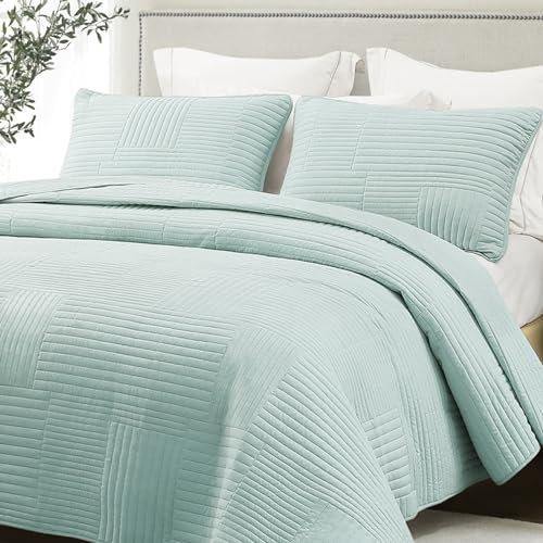 Whale Flotilla Tagesdecke Bettüberwurf 220x240 cm, Bedspreads aus Mikrofaser mit 2 Kissenbezüge- Weiche und Leichte Steppdecke mit Streifenmuster für alle Jahreszeiten, Grün