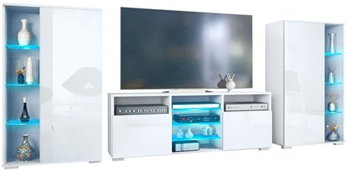Vladon Wohnwand Davos, Anbauwand bestehend aus 2 Vitrinen und 1 TV-Board, Weiß matt/Weiß Hochglanz inkl. LED-Beleuchtung (329 x 134 x 35 cm)