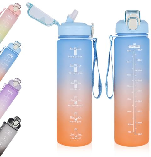 Fodlon Gourde Sport 1 Litre, Bouteille d'eau Sport avec Paille, Étanche Gourde Motivation avec Marqueur Temps, Grande Bouteilles eau Plastique Reutilisable, Bouteille Fitness Gym Femme Homme (Bleu)