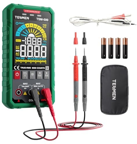 TESMEN TSM-599 Multimetro Intelligente, TRMS 6000 Conteggi, Tester di Tensione, Voltmetro con NCV, Tensione&Corrente DC/AC, Resistenza, Continuità, Diodo, Capacità, Hz%, Temperatura, Filo Attivo-Verde