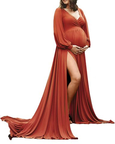 Dedysler Robe de maternité à manches longues pour séance photo avec fente en cœur, Orange profond, Taille M