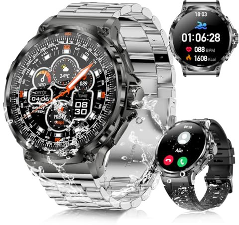 Rogbid Stahl Gear Smartwatch Herren mit Telefonfunktion IP69 Wasserdicht Militär Smartwatch 1,85 AMOLED Outdoor Uhren mit Herzfrequenz Schlafüberwachung 110+ Sportmodi Fitnessuhr für Android iOS GPS