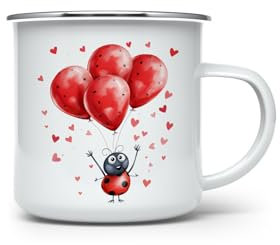 MAXIKIWI Langlebige Emaille-Kaffee- oder Tee-Camping-Tasse für drinnen und draußen, Valentinstag, süße Marienkäfer, 350 ml