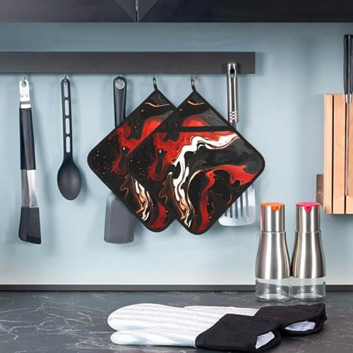 Lot de 2 maniques pour cuisine avec poche, antidérapantes, résistantes à la chaleur, motif marbre noir et rouge, pour four, micro-ondes, barbecue, cadeau